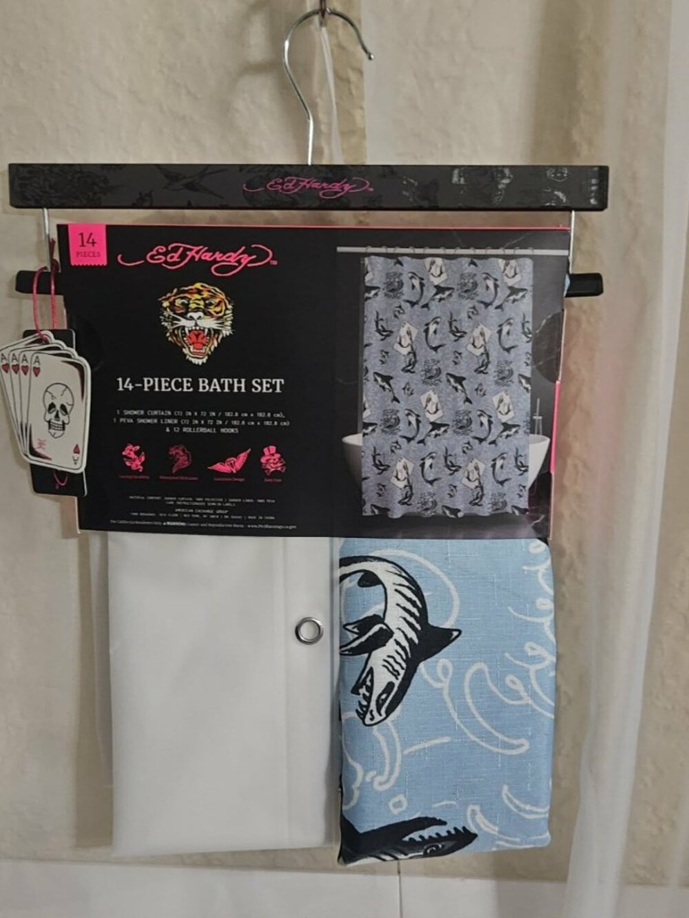 Ed Hardy 14-Piece Bath Set NWT Shark Playing Cards Tattoo Print Blue Black Rare - Picture 3 of 4